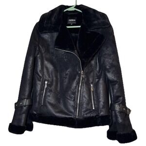 Express Faux Shearling Moto Jacket Womens XS Black Sherpa Lined Asymmetrical Zip